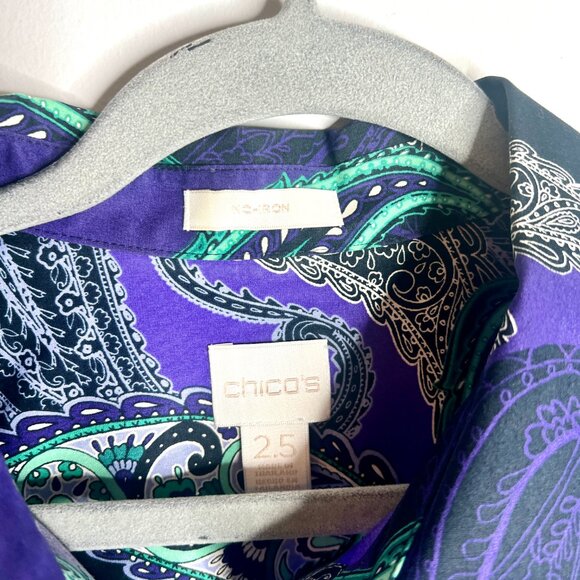 Chico's No Iron Purple Paisley Button-Up 100% Cotton Colorful Artsy Sz 2.5/14 - Picture 2 of 5
